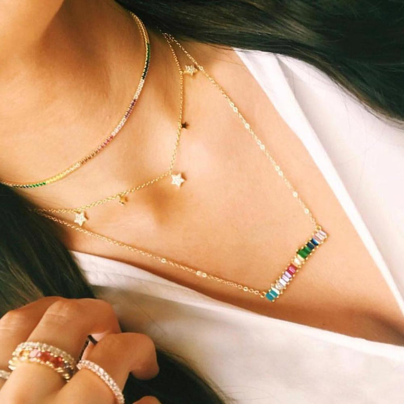 Gold Filled Rainbow Bar Necklace Multi Color Baguette Conbic Zirconia Stone Long Choker Necklaces For Women Classic Jewlery