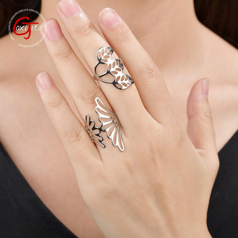 Goxijite Hollow Flower Open-rings For Women Stainless Steel Adjustable Punk Ring Wedding Band Jewlery Gift