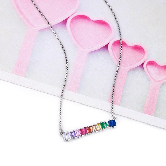 Gold Filled Rainbow Bar Necklace Multi Color Baguette Conbic Zirconia Stone Long Choker Necklaces For Women Classic Jewlery