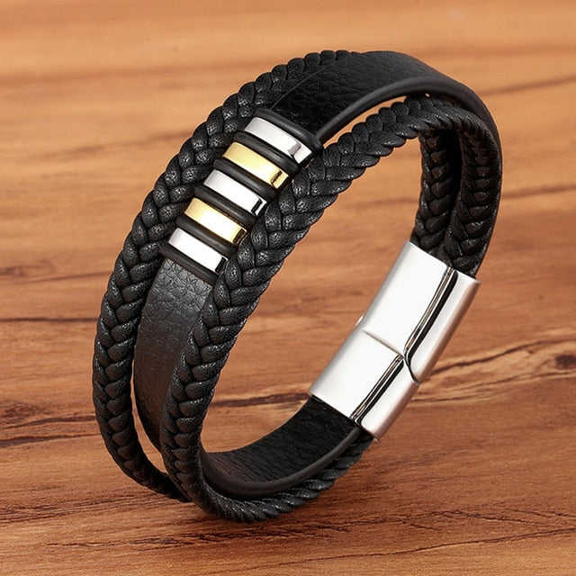 Fashion Stainless Steel Charm Magnetic Black Men Bracelet Leather Genuine Braided Punk Rock Bangles Jewelry Accessories Friend