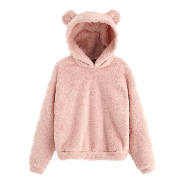 Fluffy hoodies Women kawaii Sweatshirt cute bear ear cap Autumn Winter Warm pullover Long Sleeve outwear Fleece coat moletom new