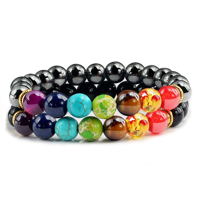 2Pcs/set 7 Chakra Bracelet For Women Men Balance Buddha Reiki Prayer Tiger Eyes Black Natural Stone Beads Yoga Strand Bracelets