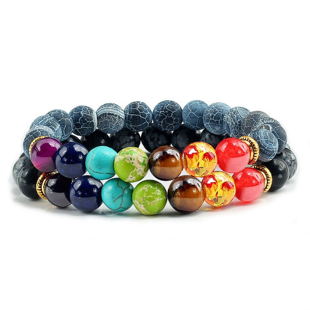 2Pcs/set 7 Chakra Bracelet For Women Men Balance Buddha Reiki Prayer Tiger Eyes Black Natural Stone Beads Yoga Strand Bracelets