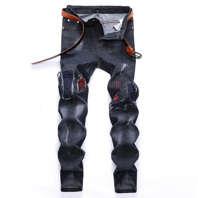 2020 High Quality Men  Casual Jeans Coated Slim Straight Pleated Biker Jeans Pants Male Denim Casual Pants Plus Size 42