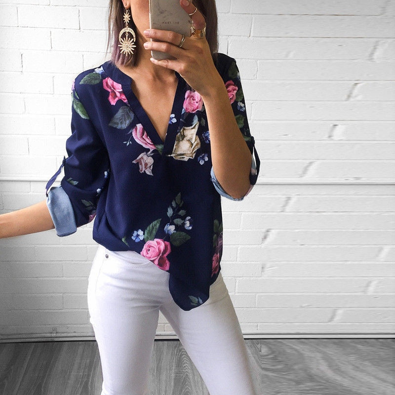 Fashion Women Blouse Leaves Printed 3/4 Sleeve Blouse Loose Tops Shirt New 2019 Summer Ladies Sexy V Neck Office Work OL Shirts