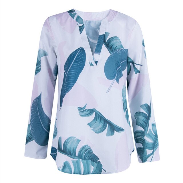 Fashion Women Blouse Leaves Printed 3/4 Sleeve Blouse Loose Tops Shirt New 2019 Summer Ladies Sexy V Neck Office Work OL Shirts