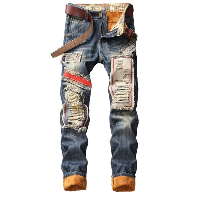 Denim Designer Hole Jeans High Quality Ripped for Men Size 28-38 40 2020 Autumn Winter Plus Velvet HIP HOP Punk Streetwear