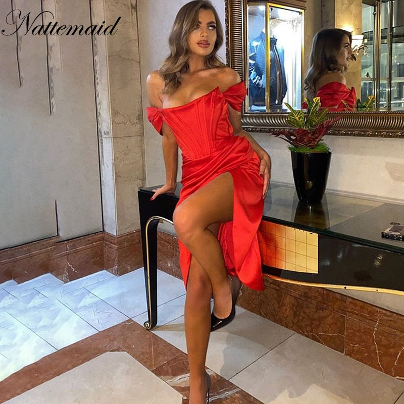 NATTEMAID Summer Red Off Shoulder Sexy Dress Women High Split Strapless Club Bodycon Dress Backless Elegant Midi Party Dresse