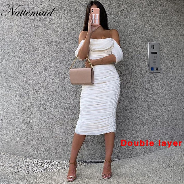 NATTEMAID Summer Red Off Shoulder Sexy Dress Women High Split Strapless Club Bodycon Dress Backless Elegant Midi Party Dresse