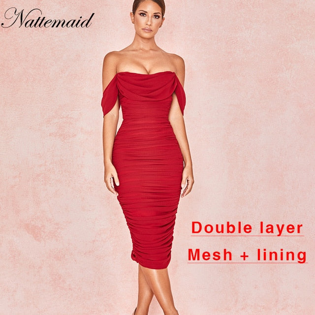 NATTEMAID Summer Red Off Shoulder Sexy Dress Women High Split Strapless Club Bodycon Dress Backless Elegant Midi Party Dresse