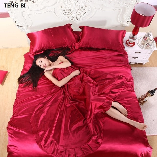 HOT! 100% pure satin silk bedding set,Home Textile King size bed set,bedclothes,duvet cover flat sheet pillowcases Wholesale