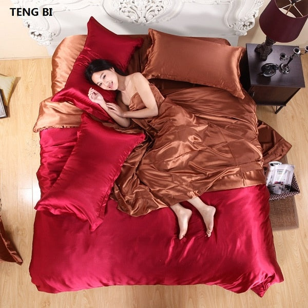 HOT! 100% pure satin silk bedding set,Home Textile King size bed set,bedclothes,duvet cover flat sheet pillowcases Wholesale