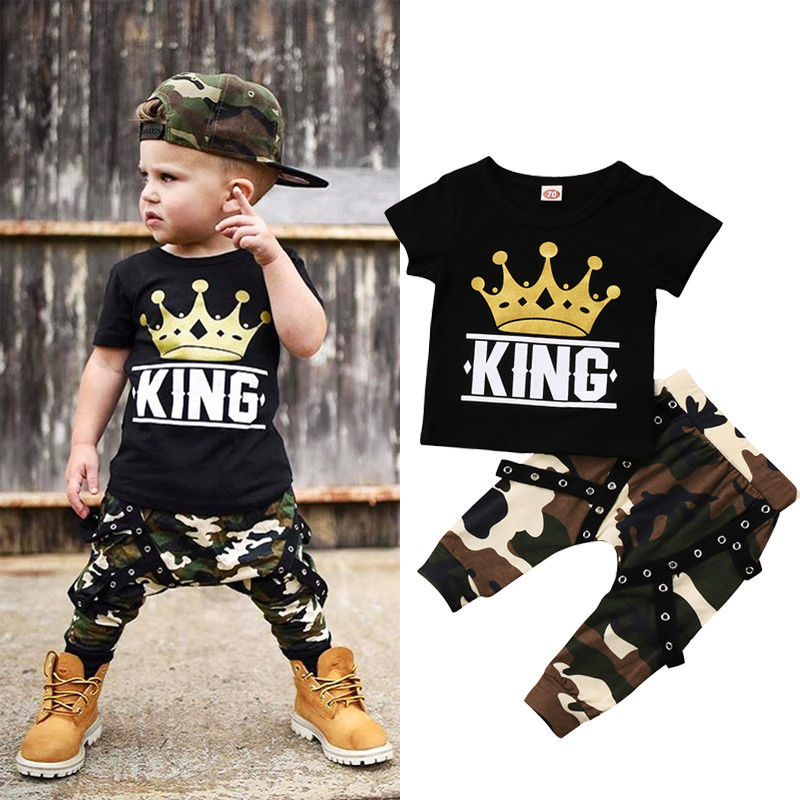 2pcs Kids Toddler Baby Boy Clothes Set Print Tops T-shirt Camo Pants Outfits Set Children Little Boys Clothing 0-5Years