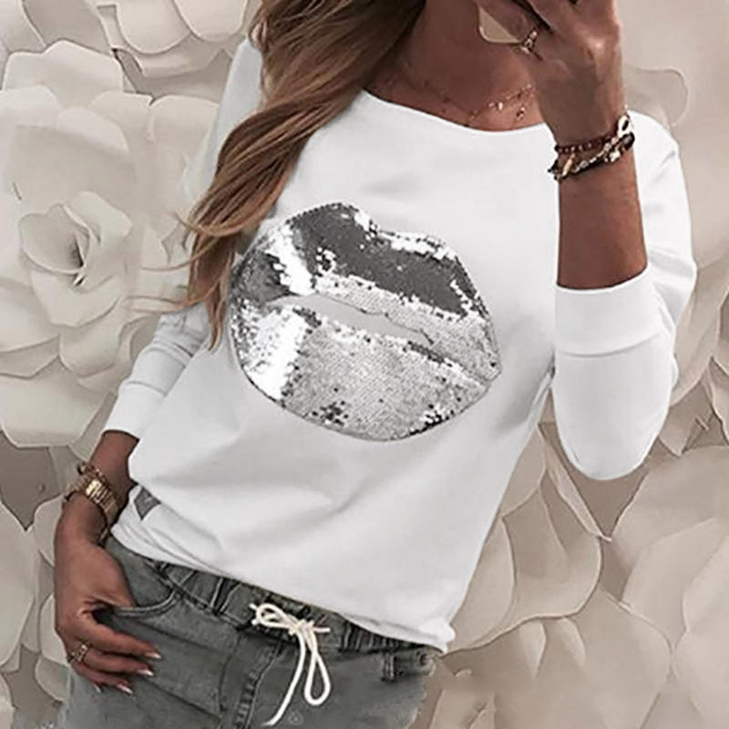 Tshirt Women Sequin Long Sleeve Casual O Neck T-shirt Casual Basic Elegant Tops Poleras Camiseta Top Women T Shirt Haut Femme