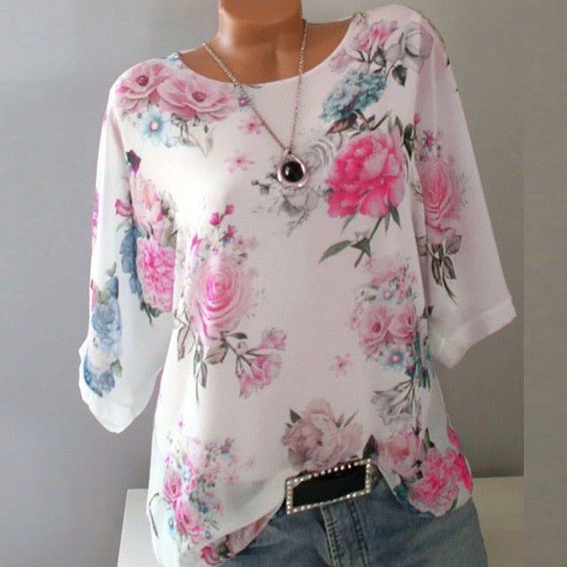 Summer Floral Print Women Blouse 5XL Plus Size Chiffon Blouses Half Sleeve Beach Shirt Office Work Shirts Blusas Feminina Tops