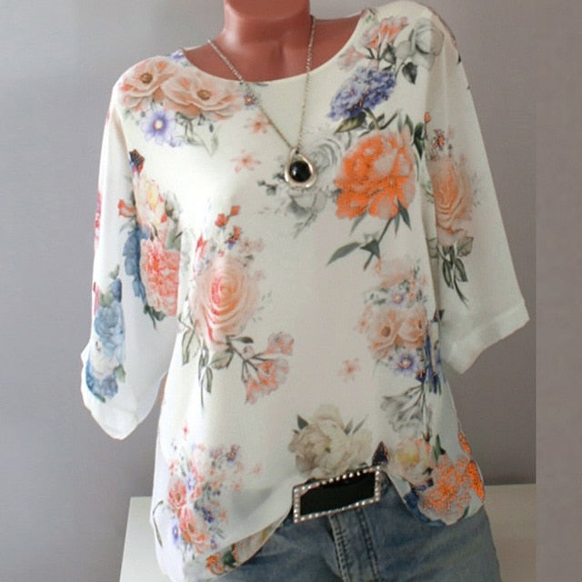 Summer Floral Print Women Blouse 5XL Plus Size Chiffon Blouses Half Sleeve Beach Shirt Office Work Shirts Blusas Feminina Tops