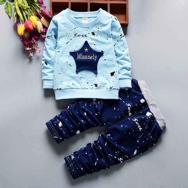 Boys Clothes Set Cartoon Pentagram Stars Kids Suit Long Sleeve T-shirt Pants Casual Children's Clothing Set