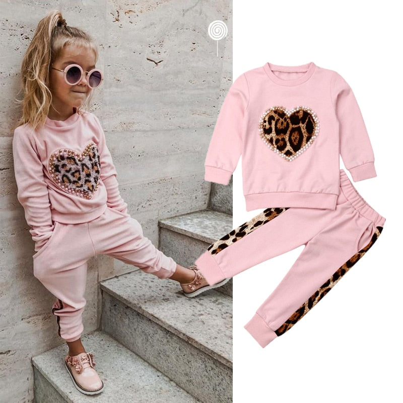 1-5 Years Autumn Winter Toddler Kids Baby Girls Clothes Tracksuit Sets Pink Long Sleeve Leopard Tops Long Pants Outfits