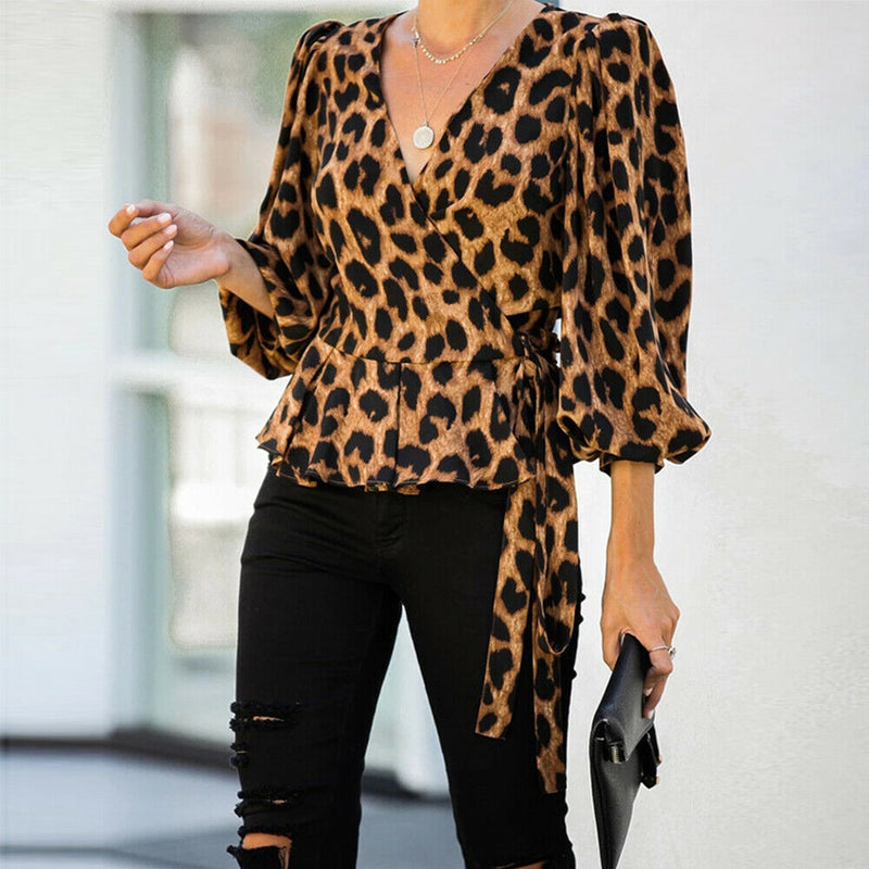 Leopard Print Womens Tops And Blouses Ladies V-Neck 3/4 Sleeve Shirt Office Pullover Blouses Casual Female Shirt Blusas