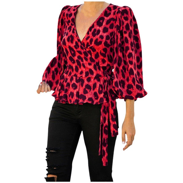 Leopard Print Womens Tops And Blouses Ladies V-Neck 3/4 Sleeve Shirt Office Pullover Blouses Casual Female Shirt Blusas