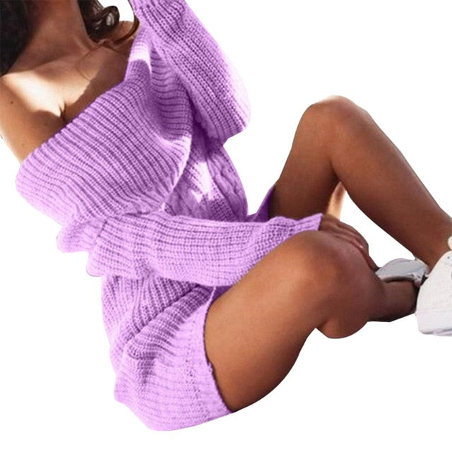 Off Shoulder Sweater Knitted Dress Women Long Sleeve Sweater Dress Women Autumn Winter Loose Tunic Knitted Casual Solid Dresses