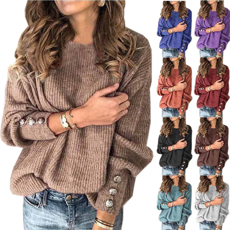 Women Autumn Winter Knitted Sweaters O-neck Long Sleeve Button Decoration Sweater Tops Ladies Casual Jumper Plus Size S-5XL