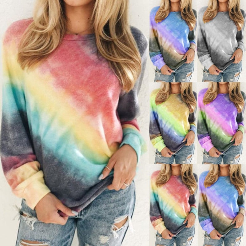 Women's Autumn Spring Long Sleeve T-shirts Casual Female Gradient Shading Bandhnu Blooming Printed Tops Plus Size S-5XL WDC4080