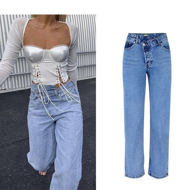 New Autumn Winter Irregular High Waist Denim Female Flare Jeans For Women Bell Bottom Fat Mom Jeans Wide Leg Skinny Jeans Woman