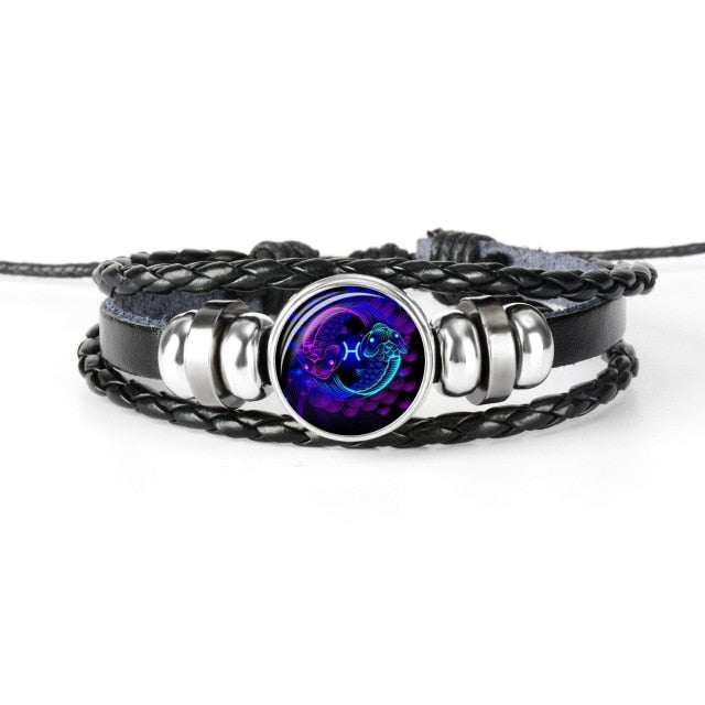 12 Constellation Zodiac Sign Black Braided Leather Bracelet Cancer Leo Virgo Libra Woven Glass Dome Jewelry Punk Men Bracelet