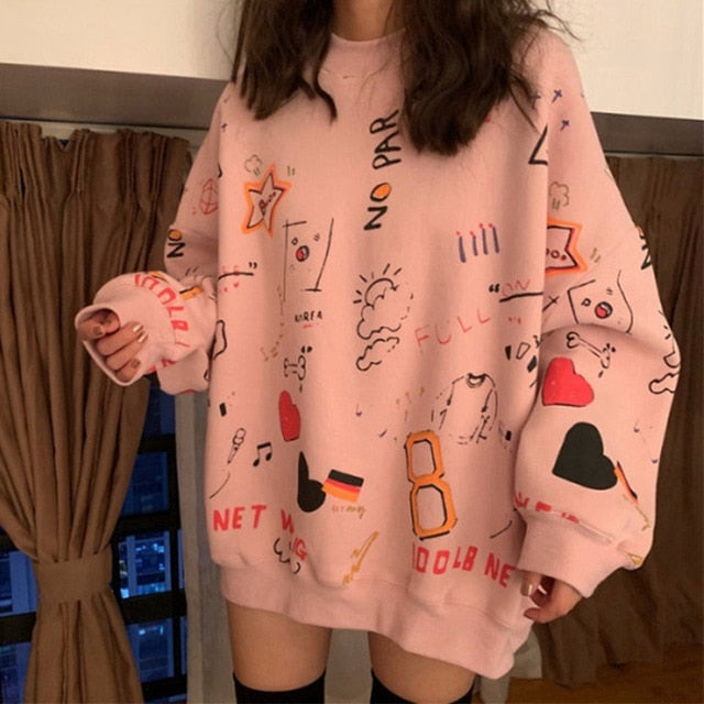 Harajuku Hip Hop Sweatshirt For Women Printing Crew Neck Loose Hoodie Autumn Long Sleeve Oversized Pullover Female Tops Hoodies