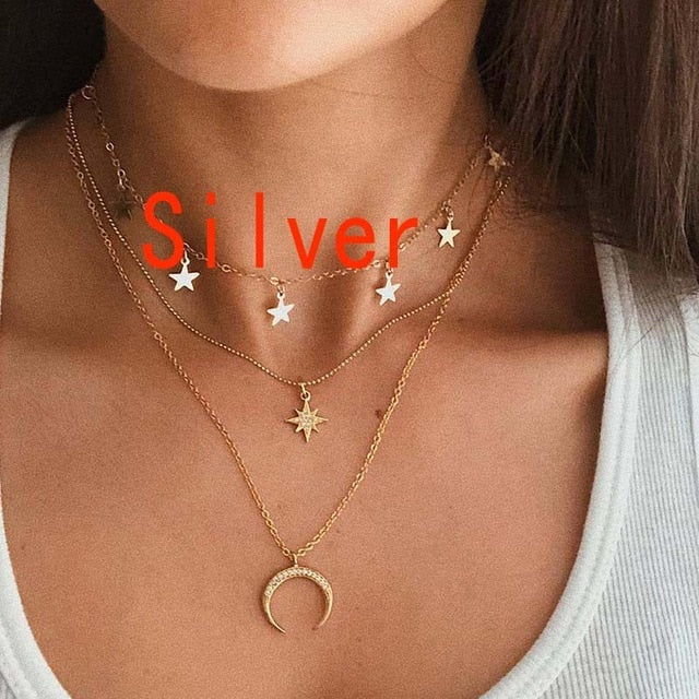 HebeDeer Fashion Multilayer Necklace Moon Star Pendant Golden Women Necklace  Chocker  Jewlery Link Chain Collares Trendy Gift