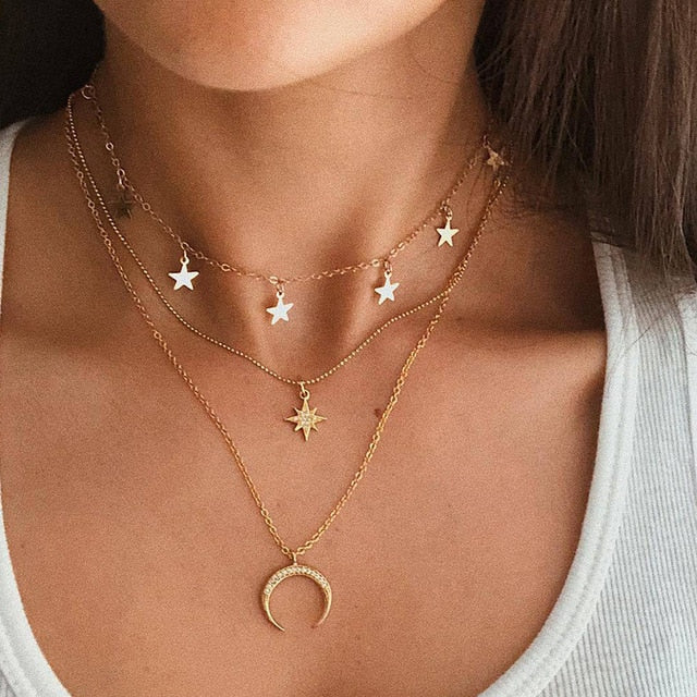 HebeDeer Fashion Multilayer Necklace Moon Star Pendant Golden Women Necklace  Chocker  Jewlery Link Chain Collares Trendy Gift