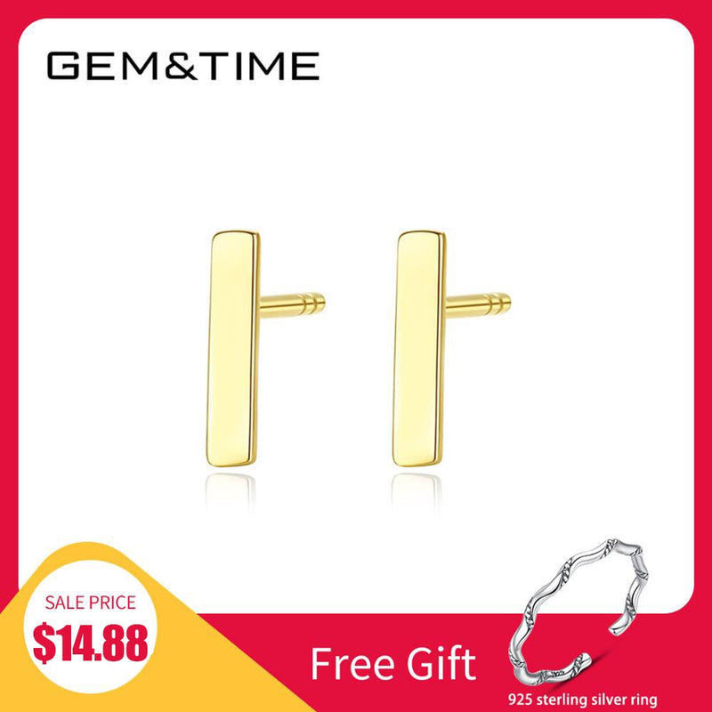 Gem&Time Real 14K Gold 585 Minimalism Bar Stud Earrings For Women Yellow Gold Statement Wedding Fine Jewlery Pendientes mujer