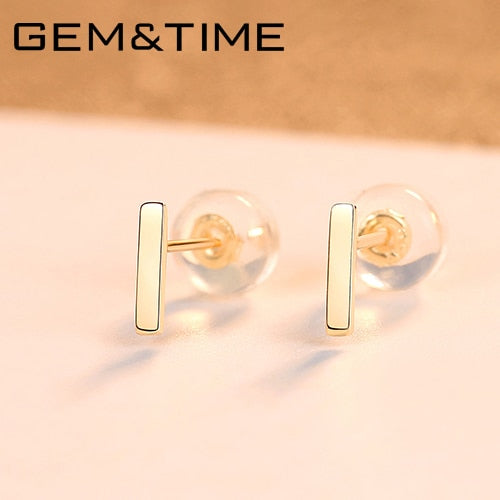 Gem&Time Real 14K Gold 585 Minimalism Bar Stud Earrings For Women Yellow Gold Statement Wedding Fine Jewlery Pendientes mujer