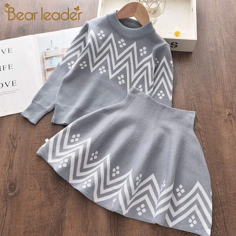 Bear Leader Girls Dress 2020 Winter Geometric Pattern Dress Long Sleeve Girls Clothes Top Coat+ Tutu Dress Sweater Knitwear 2pcs