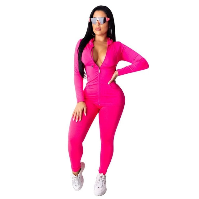 CM.YAYA autumn Women Solid zipper up long sleeve hooded top pencil pants suit two piece set casual sporting tracksuit outfit