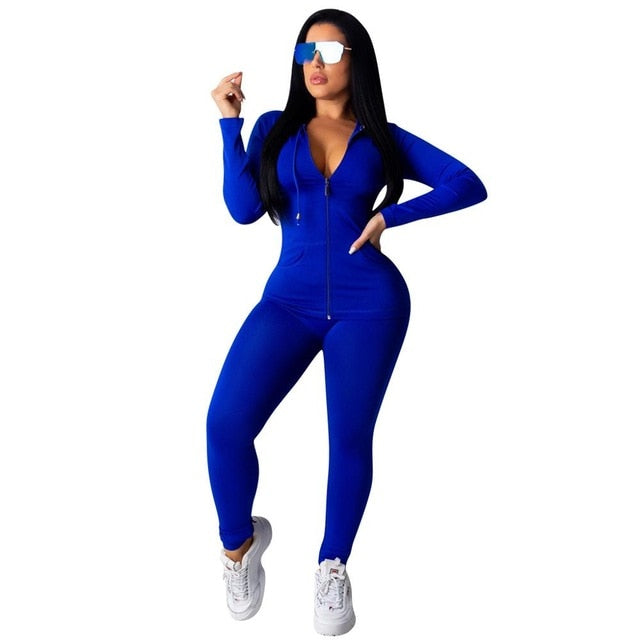 CM.YAYA autumn Women Solid zipper up long sleeve hooded top pencil pants suit two piece set casual sporting tracksuit outfit