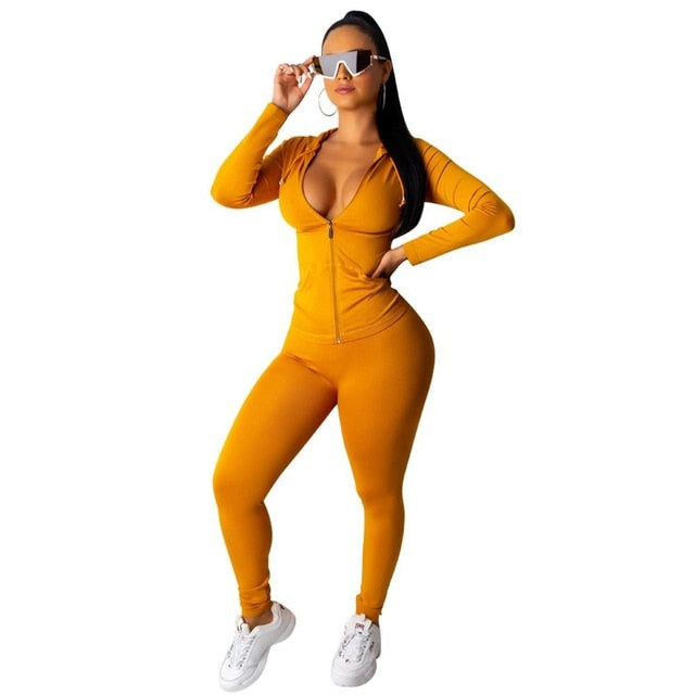 CM.YAYA autumn Women Solid zipper up long sleeve hooded top pencil pants suit two piece set casual sporting tracksuit outfit