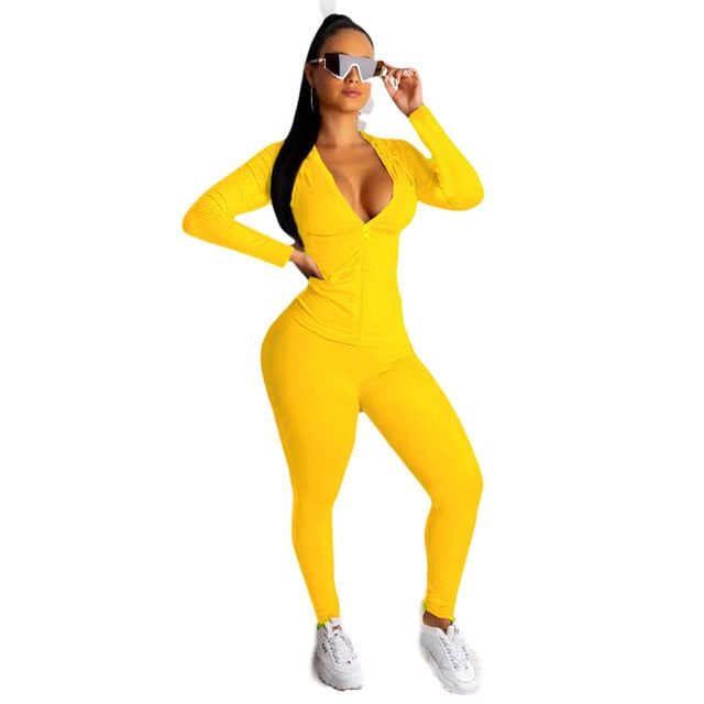 CM.YAYA autumn Women Solid zipper up long sleeve hooded top pencil pants suit two piece set casual sporting tracksuit outfit