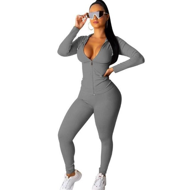 CM.YAYA autumn Women Solid zipper up long sleeve hooded top pencil pants suit two piece set casual sporting tracksuit outfit