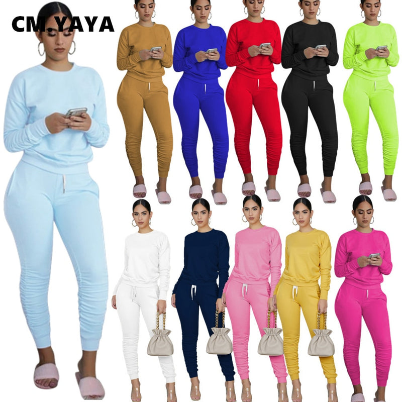 CM.YAYA Casual Sport Women Two Piece Set Tracksuit Long Sleeve Sweatshirt Tops Stacked Jogger Sweatpant Suit Outfit Matching Set