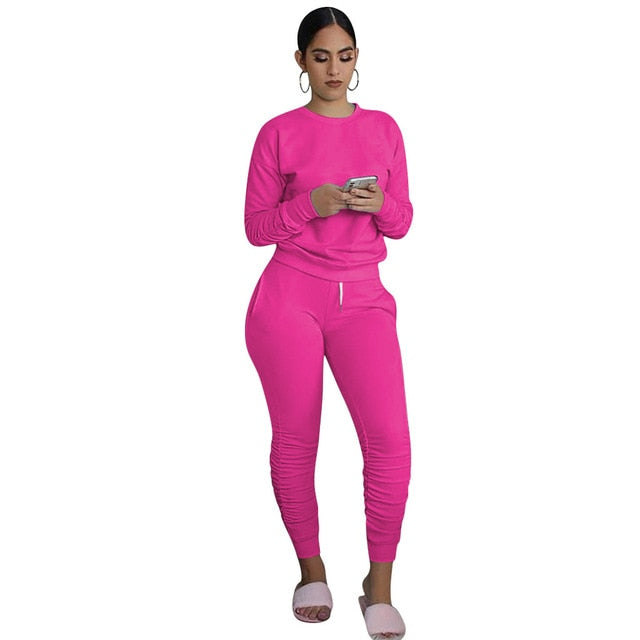 CM.YAYA Casual Sport Women Two Piece Set Tracksuit Long Sleeve Sweatshirt Tops Stacked Jogger Sweatpant Suit Outfit Matching Set