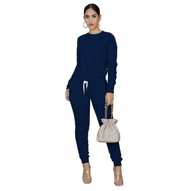 CM.YAYA Casual Sport Women Two Piece Set Tracksuit Long Sleeve Sweatshirt Tops Stacked Jogger Sweatpant Suit Outfit Matching Set