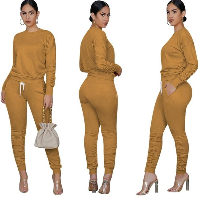 CM.YAYA Casual Sport Women Two Piece Set Tracksuit Long Sleeve Sweatshirt Tops Stacked Jogger Sweatpant Suit Outfit Matching Set