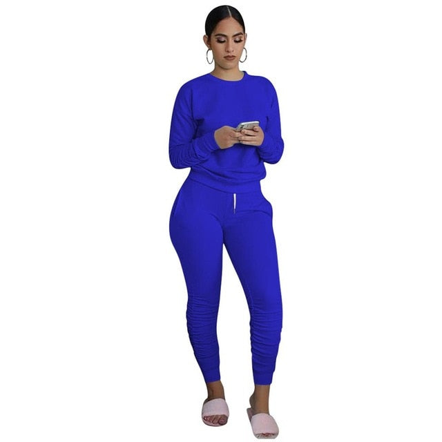 CM.YAYA Casual Sport Women Two Piece Set Tracksuit Long Sleeve Sweatshirt Tops Stacked Jogger Sweatpant Suit Outfit Matching Set