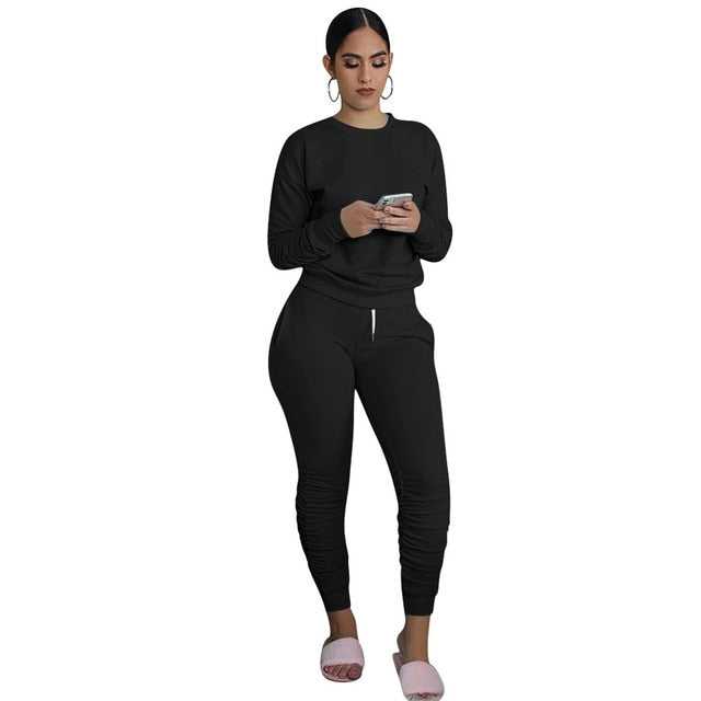 CM.YAYA Casual Sport Women Two Piece Set Tracksuit Long Sleeve Sweatshirt Tops Stacked Jogger Sweatpant Suit Outfit Matching Set