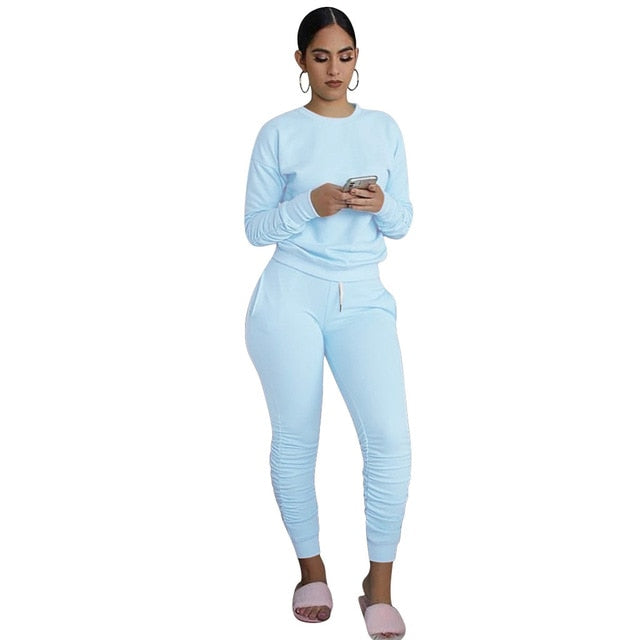 CM.YAYA Casual Sport Women Two Piece Set Tracksuit Long Sleeve Sweatshirt Tops Stacked Jogger Sweatpant Suit Outfit Matching Set