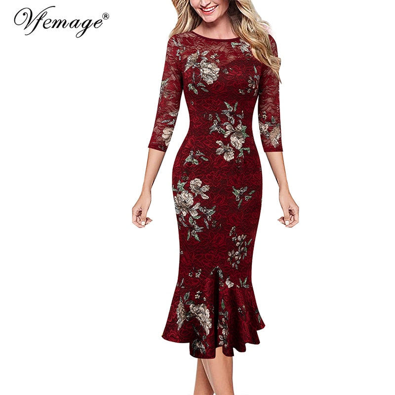 Vfemage Womens Elegant Vintage Floral Lace Leopard Autumn Office Business Evening Party Bodycon Pencil Mermaid Midi Dress 1090