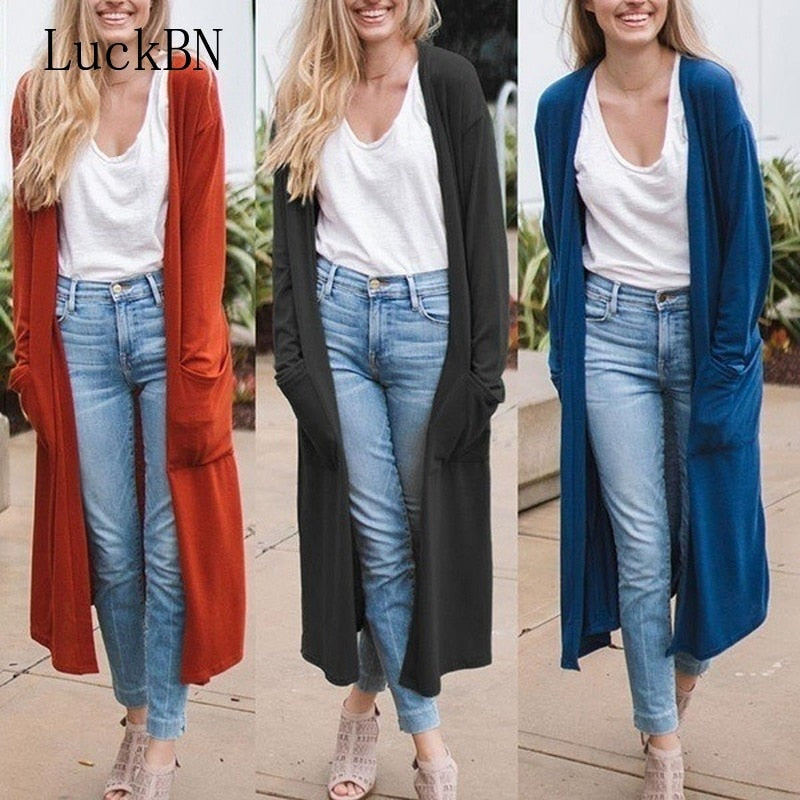 Fashion Windbreaker Women Long Coat Solid Jacket Casual Jackets New Autumn Pocket Cardigan Simple Long Sleeve Windbreaker Jacket