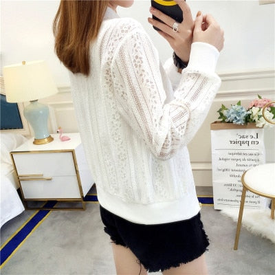 Dropship Summer Autumn Coat Women Jacket Thin Long Sleeve White Hole Lace Sunscreen Jackets Female Short Zipper Tops Jacket